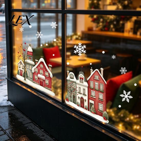 Coffee Shop Window Decorations Christmas Static Clings, Snowy Town House Snowflake Glass Decals, Reusable Patterns for Home Xmas Stickers, Holiday