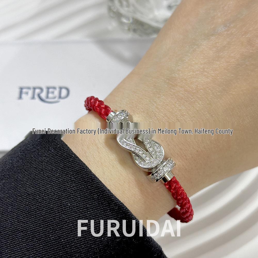 Bracciale Fred Placcato Oro 18k con Ferro di Cavallo Diamantato Zodiaco Corda Rossa - Unisex Stile Fai da Te a Forma di 8
