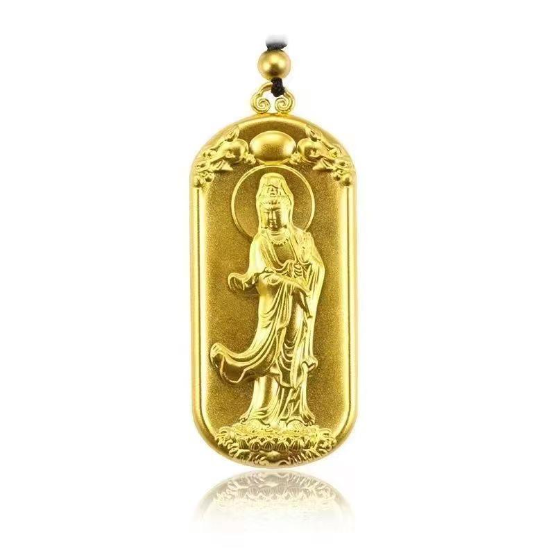 Golden Hannya Kannon Pendant Necklace - Unisex Buddha Heart Sutra Pendant for Safety and Serenity.