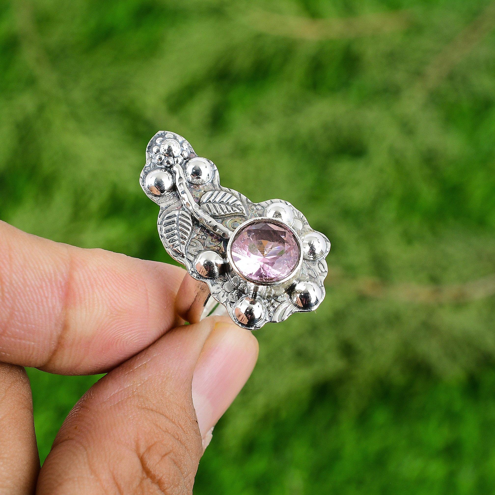 

925 Silver Pink Topaz Gemstone Promise Stackable Sister New Flower Ring Jewelry Adjustable