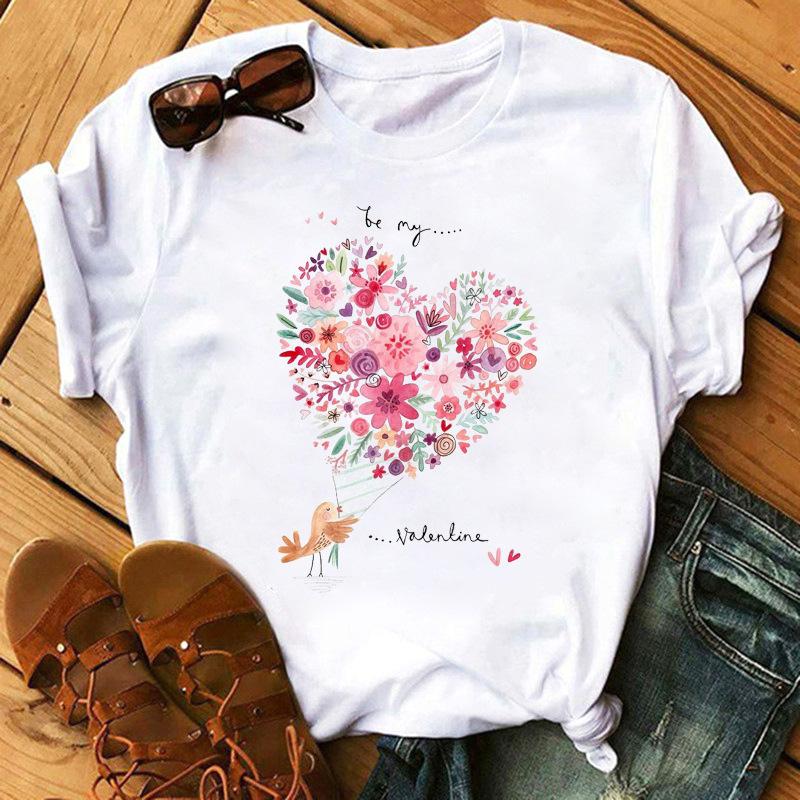 Fashion Kawaii Rose Flower Heart Graphic Women's T-Shirt Summer Loose Blouse 90S Short Sleeve O-Neck Tees Ladies White Y2K Tops
