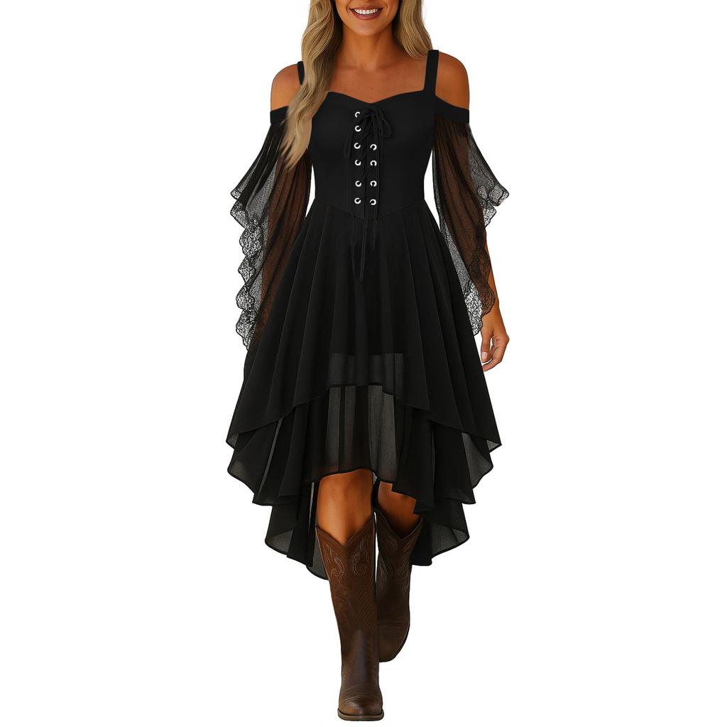 Vestito casual da donna con spalle scoperte e taglie forti, in chiffon, tinta unita, con maniche a farfalla, stile gotico