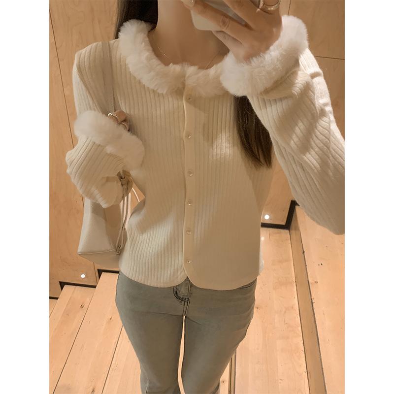 New autumn and winter furry edge round neck long-sleeved cardigan for women, sweet and spicy, beautiful outer wear, slimming, beautiful tops  jackets