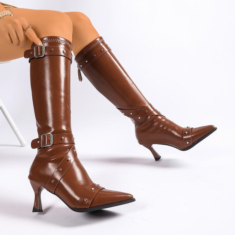Fashion Punk Rivet Belt Buckle Decoration Knee-High Boots Women Sexy Pointed Toe Super High Heel Riding Boots Winter Brand Design Shoes