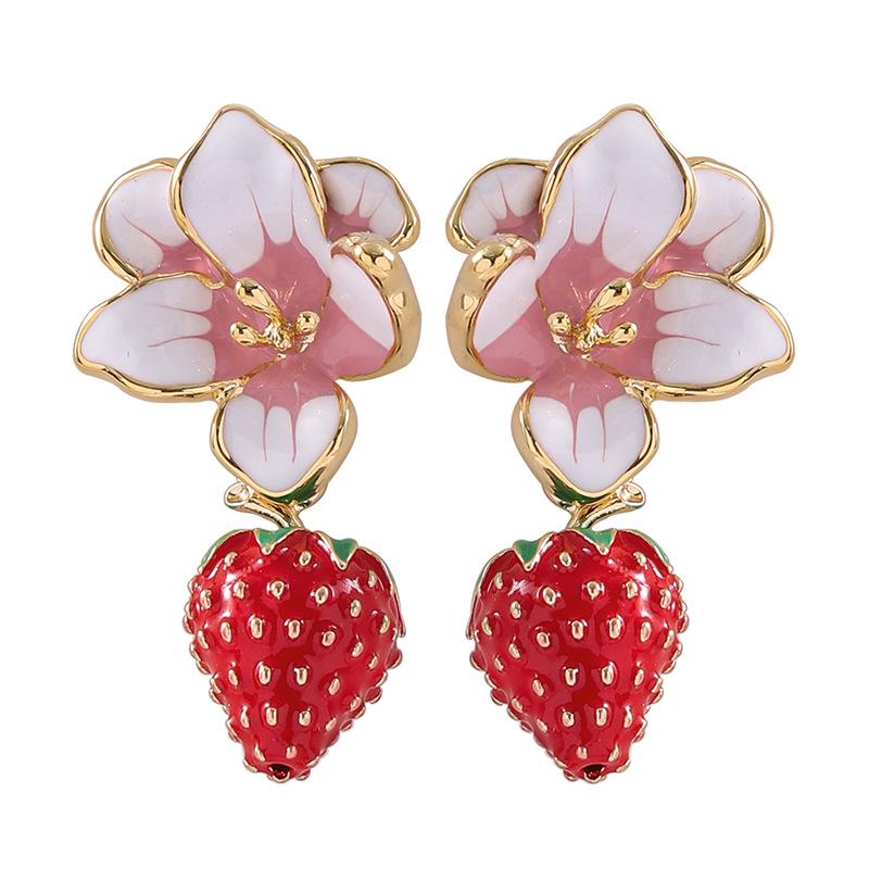 Korean Version of Fashionable Sweet Pastoral Enamel Drip Glaze Flower Strawberry Earrings Light Luxury Simple High-end Earrings