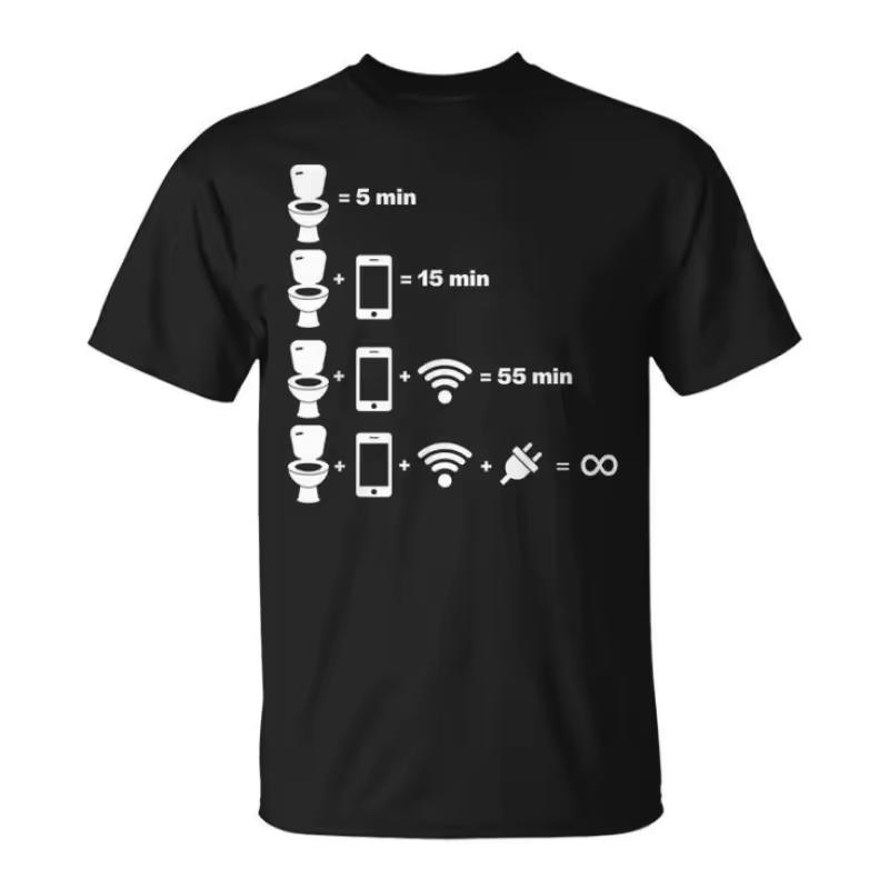 Men's Women Novelty Toilet Time Measured By Phone WiFi And Charger Meme T shirt Cotton Tee Streetwear Oversized Summer Loose Top