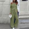 ZANZEA Two Piece Suit Women Cold Shoulder Long Sleeve Irregular Blouse and Pants Sets
