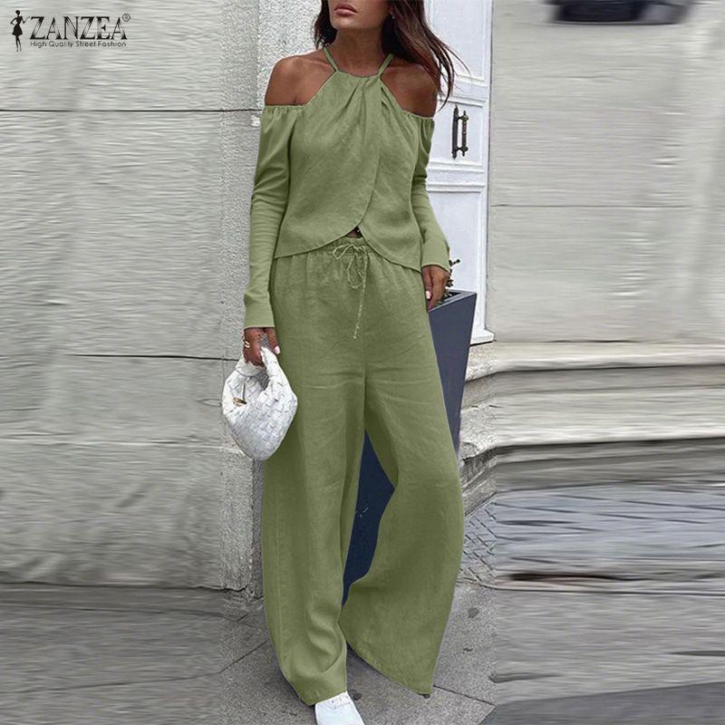 ZANZEA Two Piece Suit Women Cold Shoulder Long Sleeve Irregular Blouse and Pants Sets