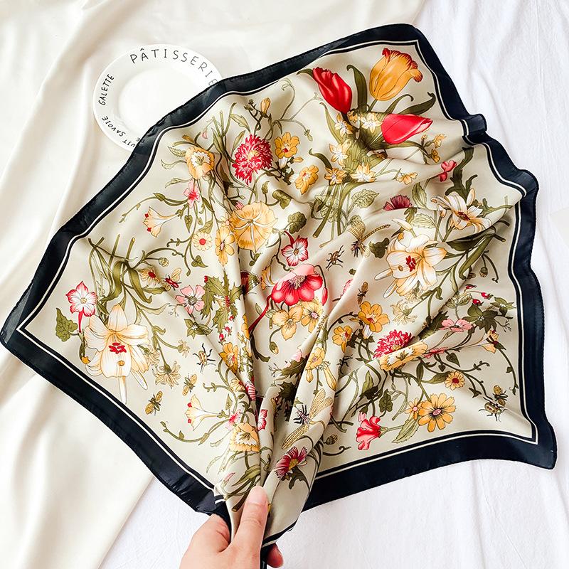 Vintage Halstuch Damen Kopftuch Hijab Haarband Seidenschal mit Satindruck Stirnband Quadratisches Tuch für Frauen Foulard Bandana