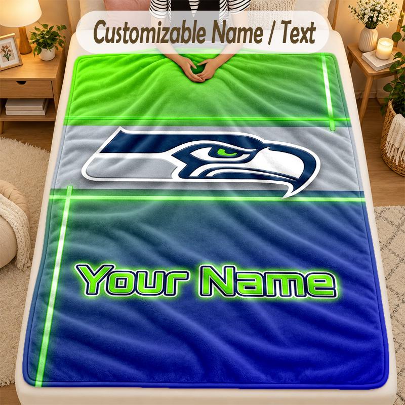 Flannel BlanketSeattle Seahawks Custom Name Text Personalized Soft Warm Throw Blanket Home Decor Gift