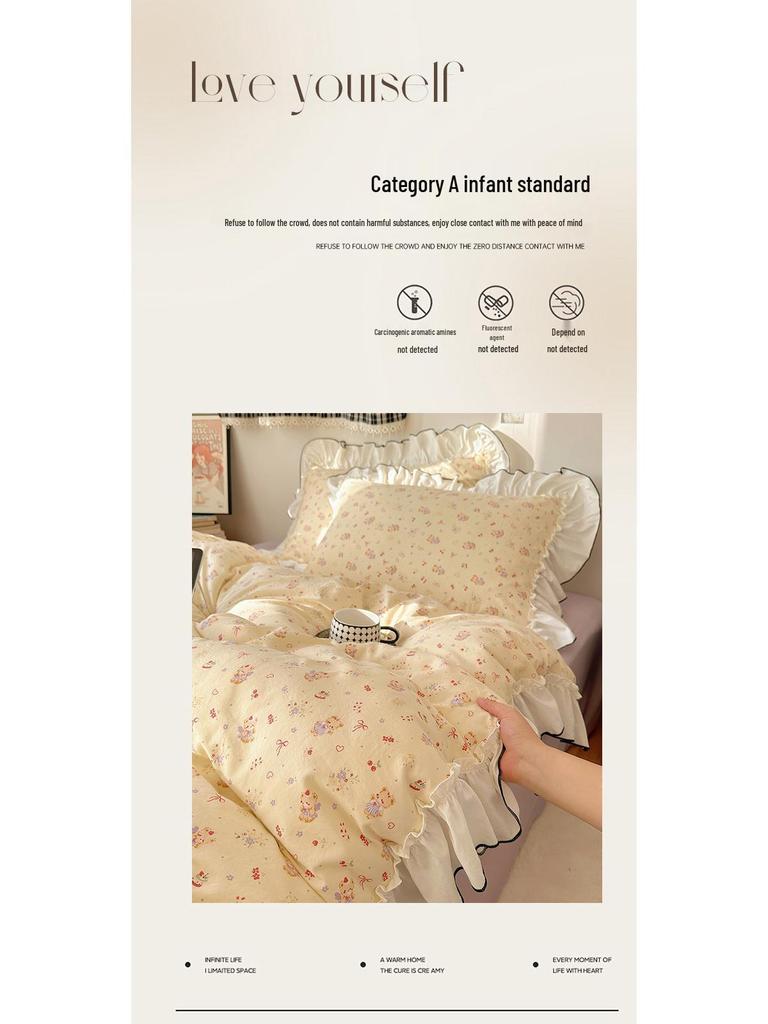 Princess-Style French Lace Bedding Set: Traditional Water-Washed Imitation Cotton Duvet Cover, Girlish Student Style, Three-Piece