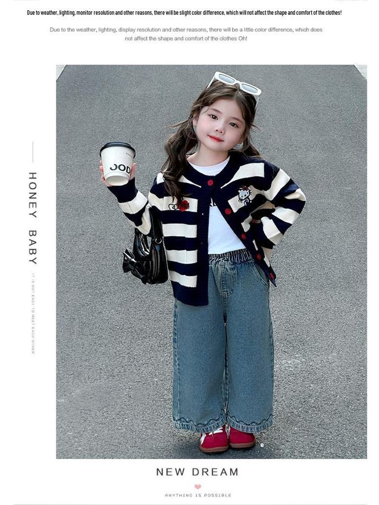 Autumn 2025 Girls' Knitted Cardigan: Cute KT Cartoon Striped Sweater for Baby Girls