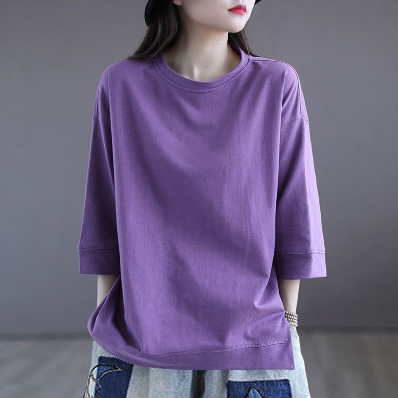 Foreign Trade Export Clearance 100% Cotton 3/4 Sleeve Fashion T-shirt Women Simple and Versatile round Neck Half Sleeve Split Top
