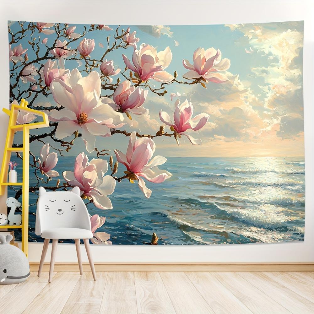 1pc Tranquil Beach Blooming Magnolia Tree Tapestry - Polyester Fabric, Machine Washable, Suitable for Bedroom Living Room