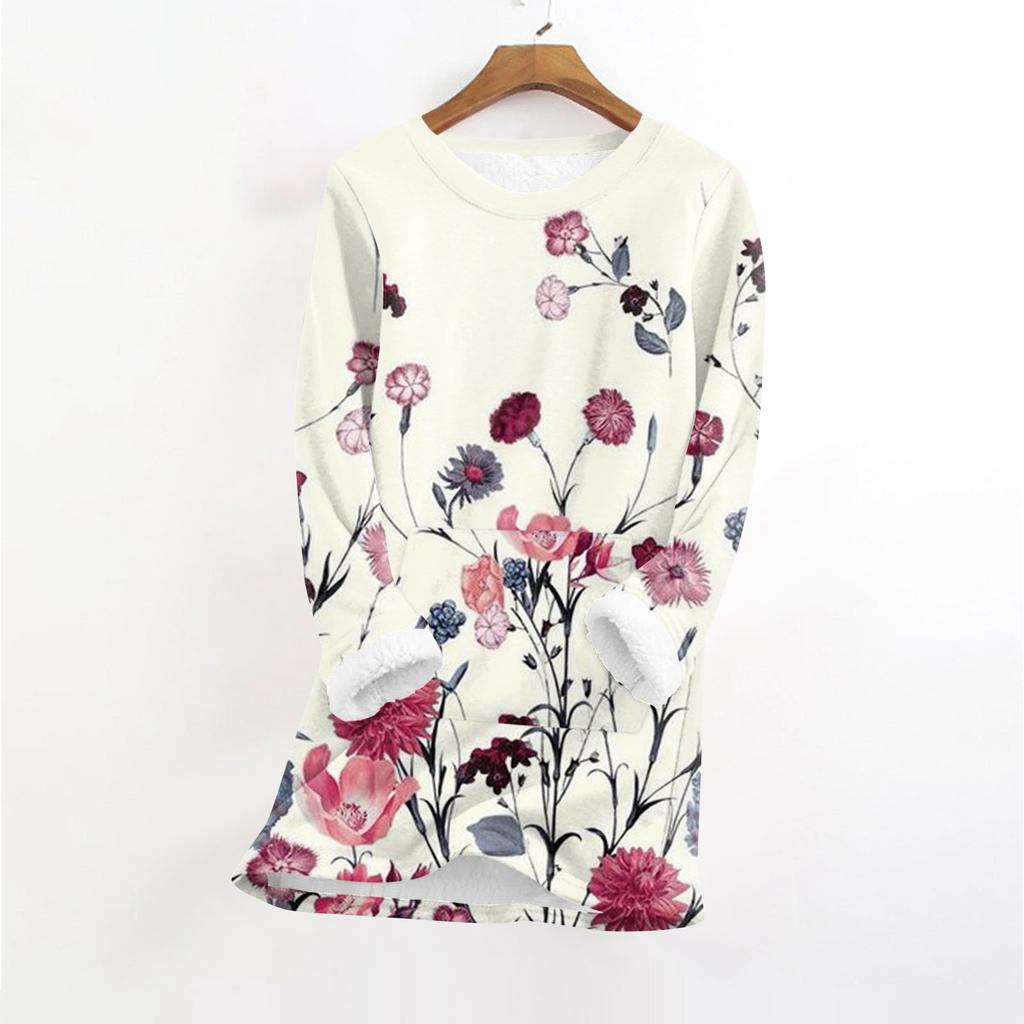 Women's Fashionable Printed Round Neck Long Sleeved Plush Warm Pullover Top
