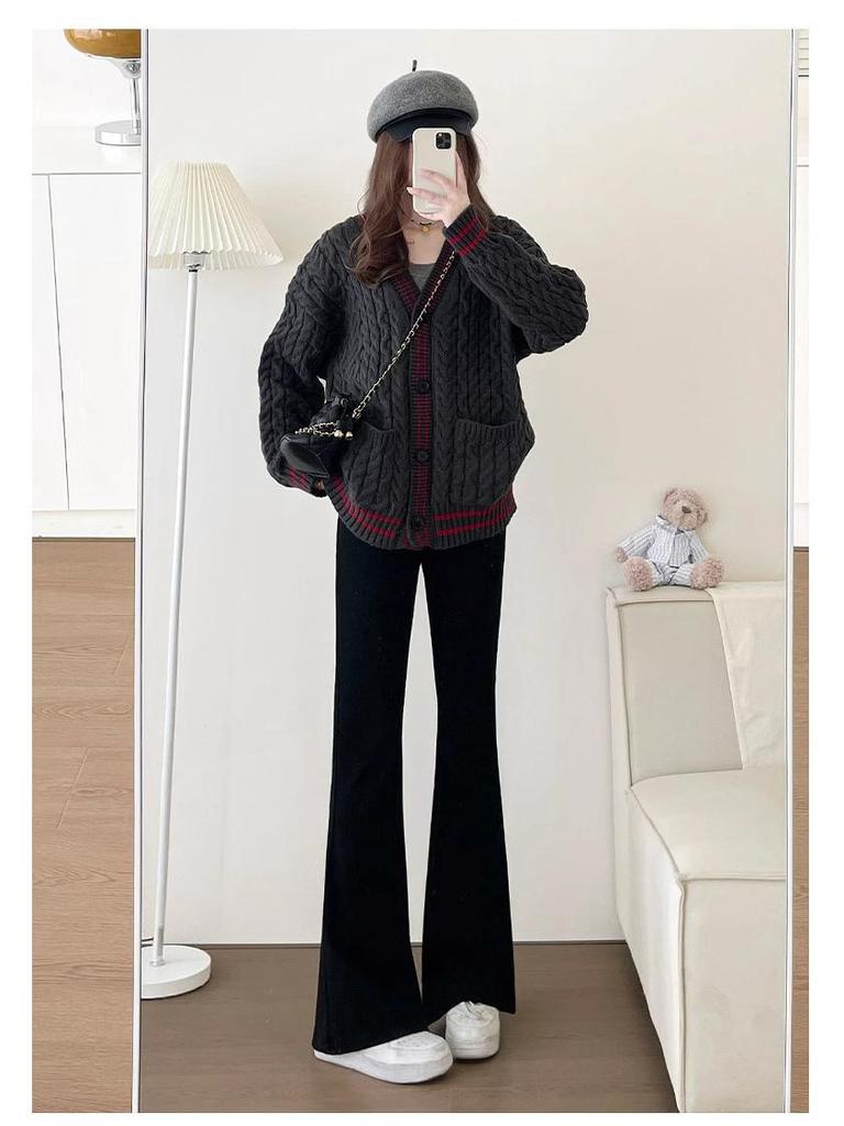 Women's Petite Black Slim-Fit High-Waisted Flared Pants for Spring/Autumn