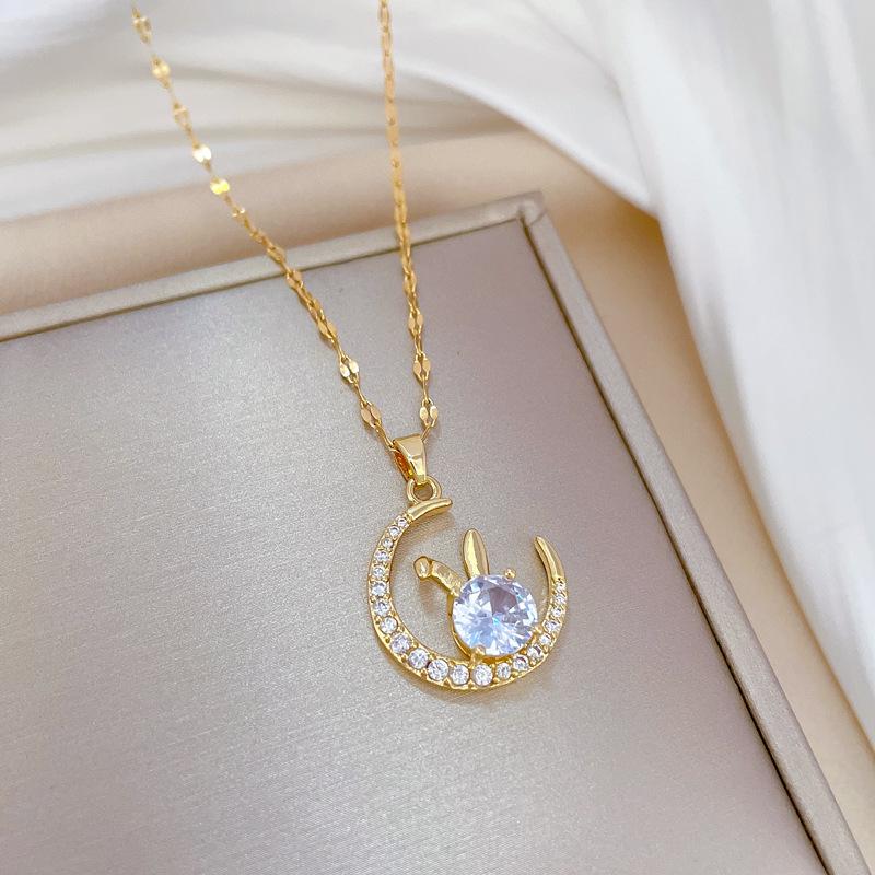 Titanium Steel Moon Rabbit Full Diamond Luxury Banquet Wedding Necklace Female Versatile Clavicle Chain Titanium Steel