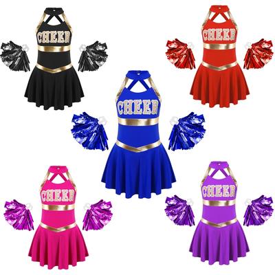 Vestito senza maniche da ragazza con stampa di lettere, patchwork, schiena scoperta, nappe, palline floreali, coppia, costume da ballo cheerleading