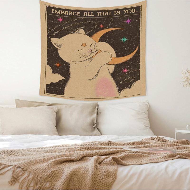 Bohemian Cat and Lion Tapestry Retro Inspirational Quotes Wall Hanging Bedroom Living Room Aesthetic Wall Decor