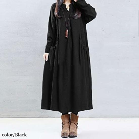 Gold Japan Plus Size Long Solid Korean Size Black Women's Dress, Sleeve, Wrinkle-Resistant Cotton, Color, Pockets, Style, Goldy-884, 3L,