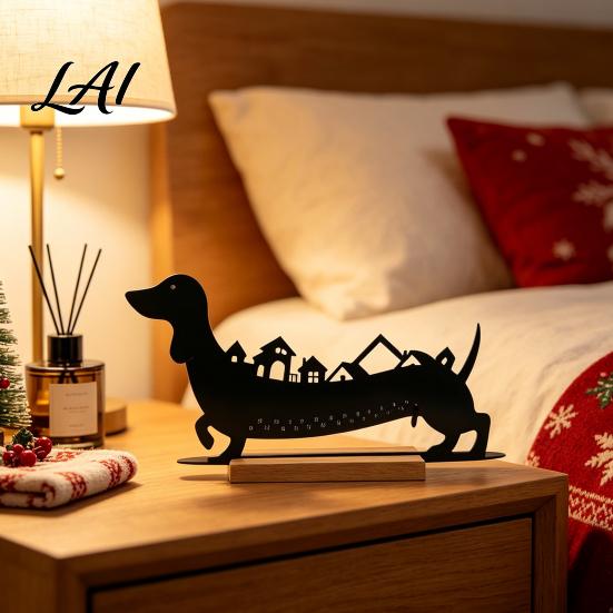Magnetic Advent Calendar 24‑Day Christmas Countdown Dachshund Decor Metal Silhouette Ornament Funny Tabletop Decoration with Wooden Base Holiday