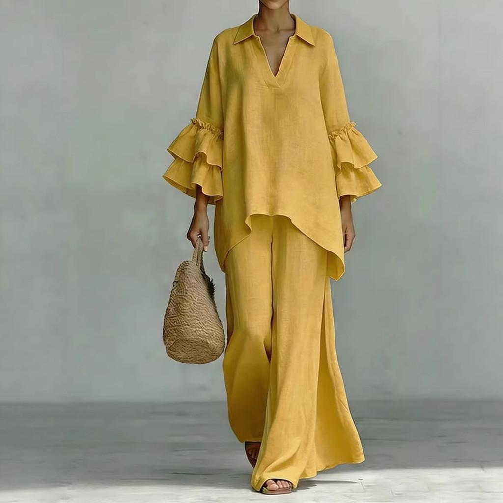 Bohemian Style Casual Twopiece Pants Suit With Spliced Cotton Linen For Women Summer Comfort