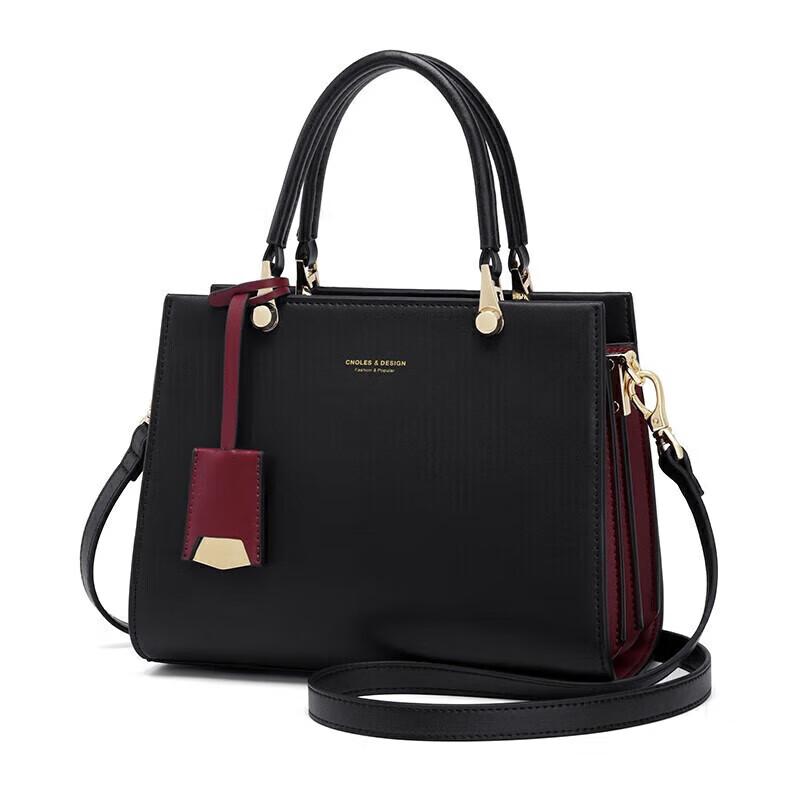 Cnoles Damen-Handtasche, Rindsleder, Großes Fassungsvermögen, Umhängetasche, Schwarz