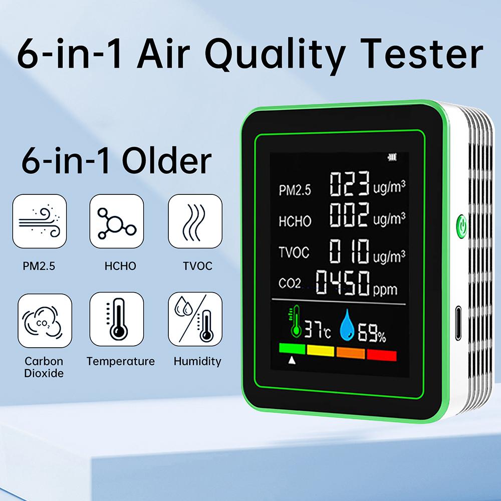 6 In 1 Air Quality Monitor Portable Rechargeable CO2 HCHO PM2.5 TVOC Household Air Detector 2.8-inch Color Screen Display
