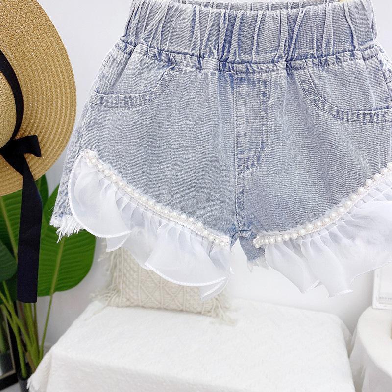 Korean Style Girls' Lace Trim Denim Shorts - Summer Casual Wear