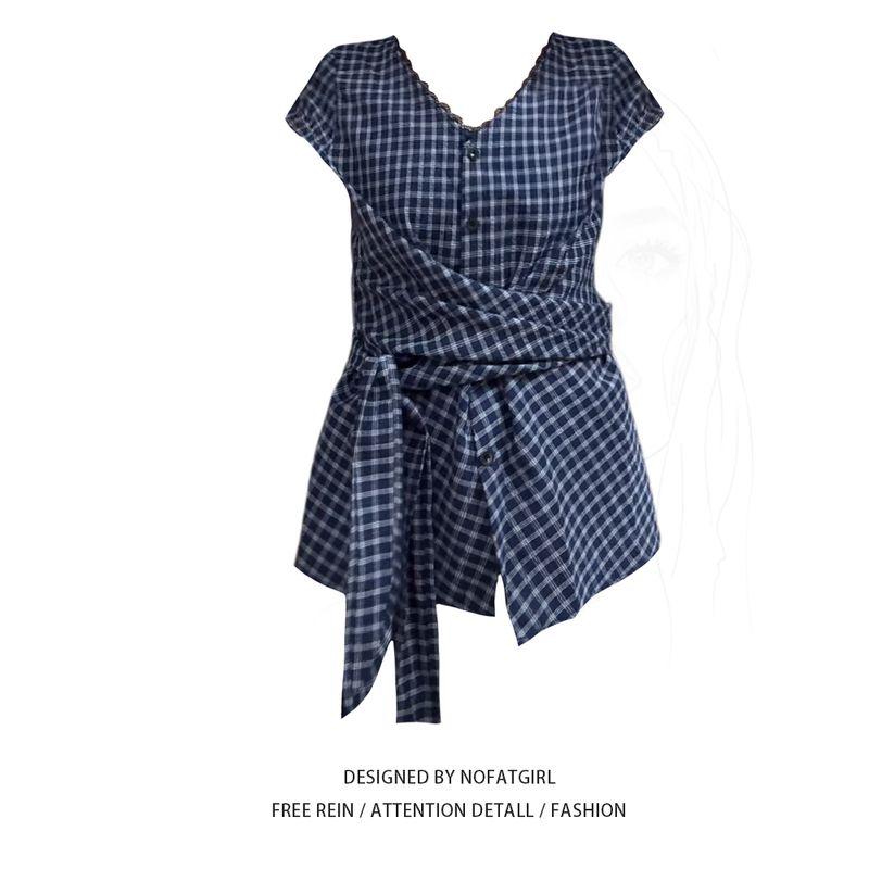 Plus Size Plus Size Ladies French Style Retro Plaid Short Sleeve Shirt Women s Summer Waist Trimming Lace up Lace Trim V-neck Patchwork Tops Plaid Shirt M