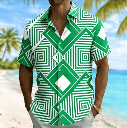 Men's Geometric Maze Print Short Sleeve Shirt, Spring Summer Casual Vacation Turn-Down Collar Blouse, Loose Fit Top