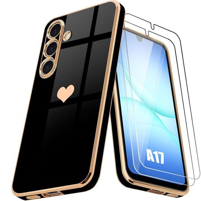 Coque de Protection - BOOLING - Samsung Galaxy A17 4G/5G - Motif Cœur Souple Noir - 2 Verres Trempés