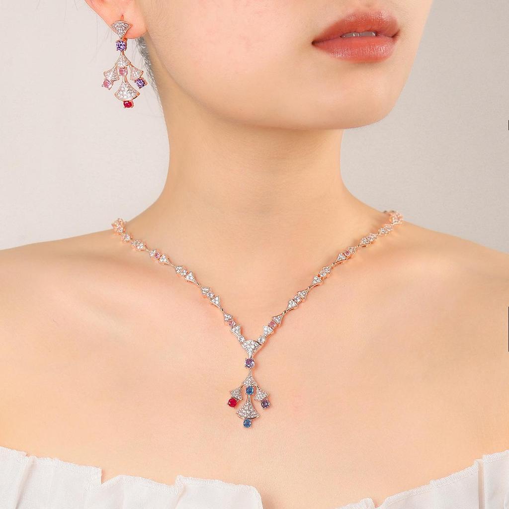 Elegant Fan-shaped Necklace and Colorful Zircon Earrings Set for Women - Gold-plated Copper