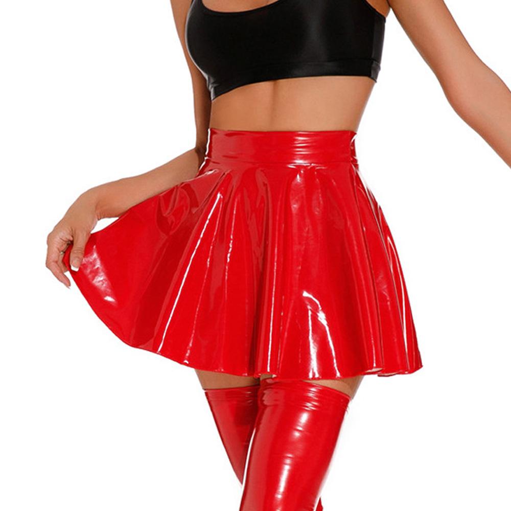 Sexy Women Oil Glossy Shiny Flared Pleated Skirt Wetlook Latex Pu Faux Leather Ruffled Mini Skirt Club Stage Wear Dance Wear