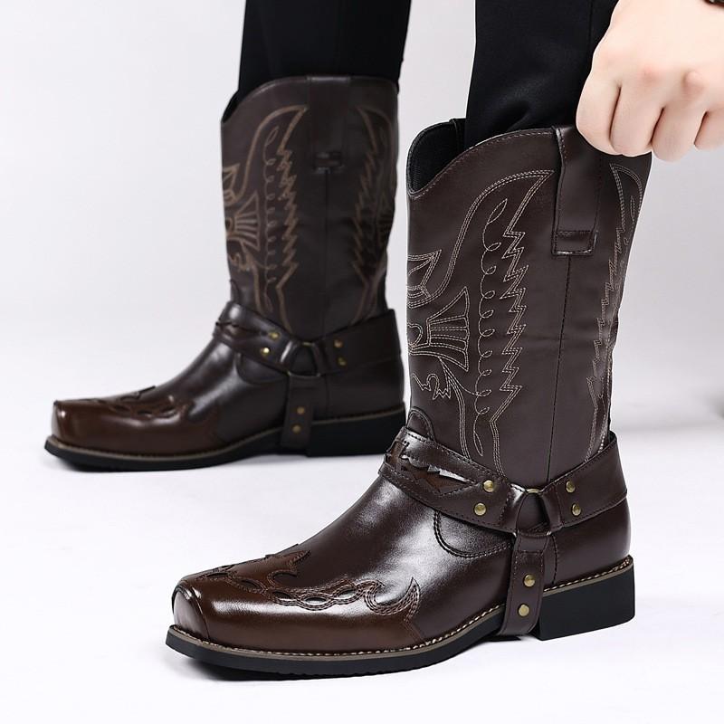 Bottes d'équitation western pour homme, bout carré, mi-mollet, en cuir, mode décontractée, semelle épaisse