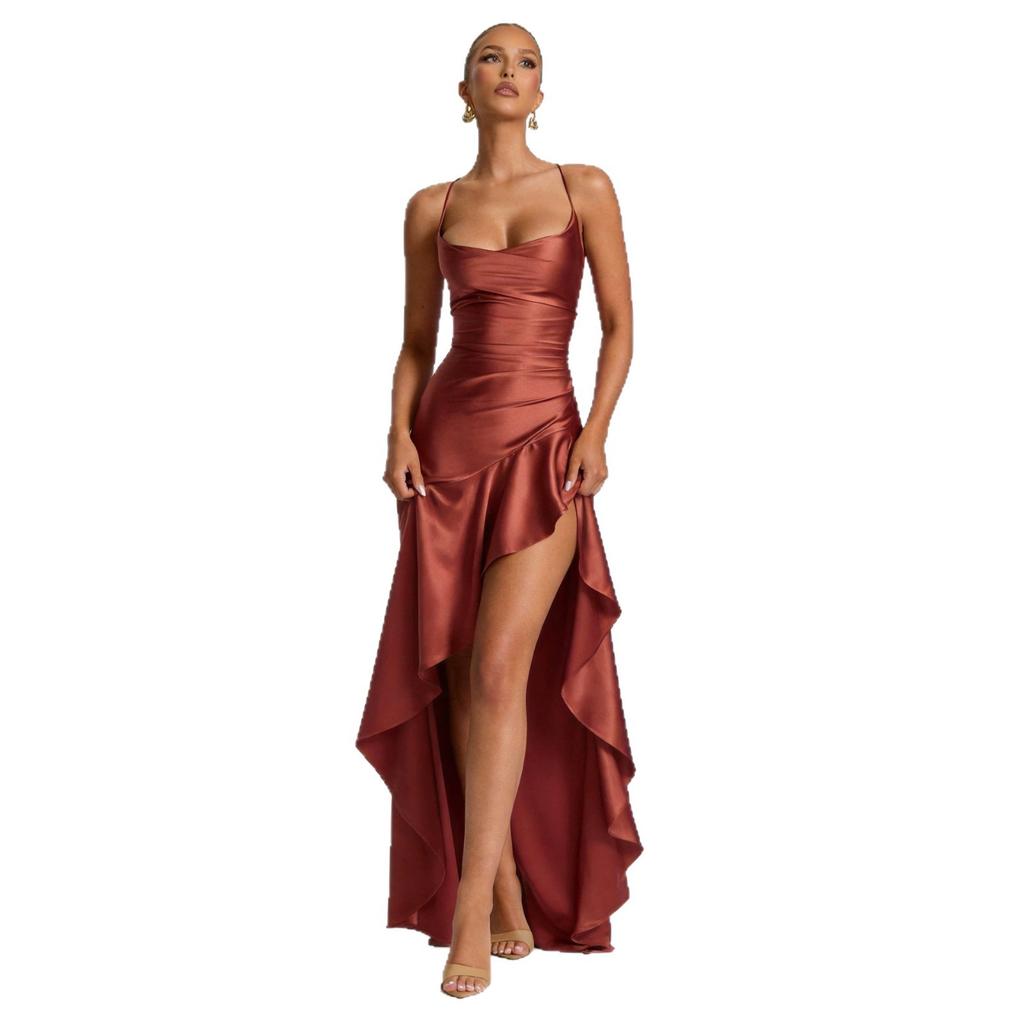 2026 new European and American red satin suspender dress sexy halter strap high split fork long dress