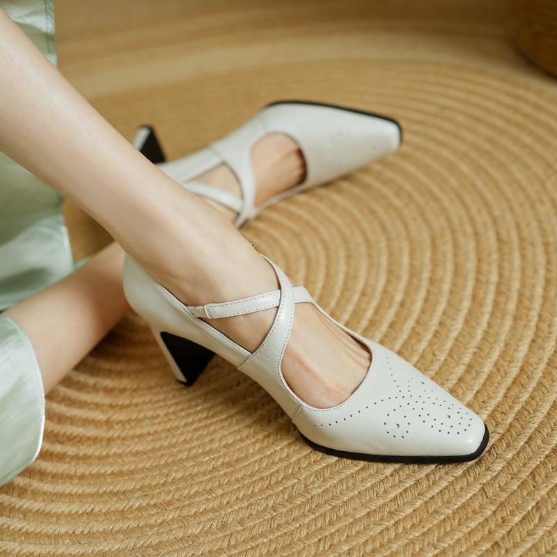 Fashion 2025 New Retro Style Women Pumps High Heels Mary Janes Shoes Woman Spring Genuine Leather Square Toe Casual Lady Party Shoes