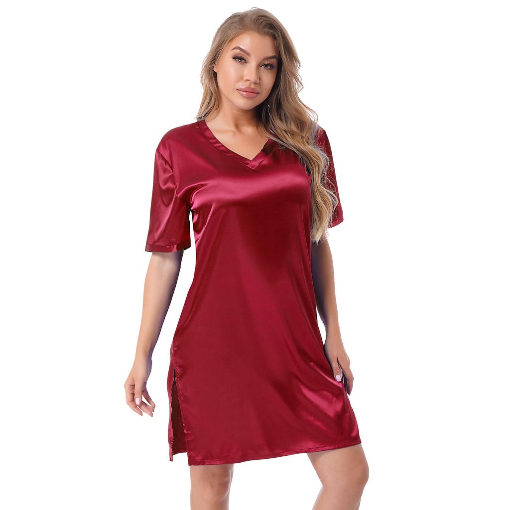 Womens Satin V Neck Nightgown Short Sleeve Split Side Nightdress Elegant Sleepwear Comfortable Loungewear