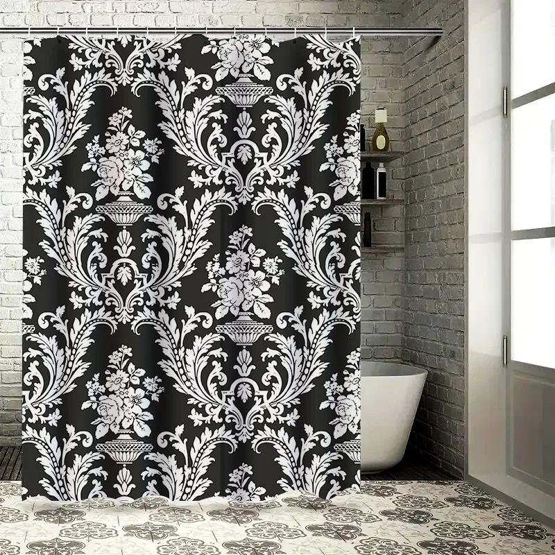Black White Damask Shower Curtain Luxury Bathroom Decor