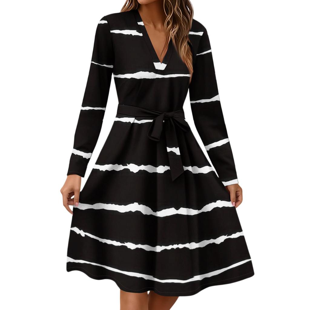 Women's Fashion Casual V-Neck Long Sleeve Waist Floral Print Midi Dress