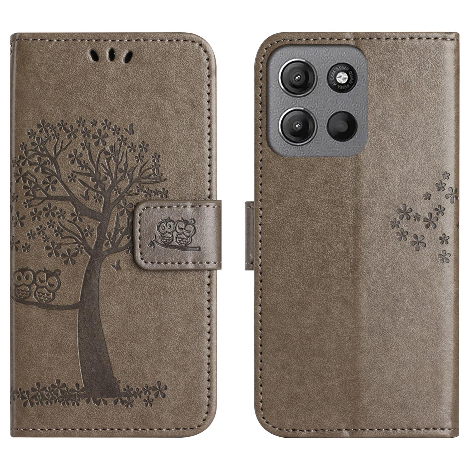 

Wallet Case for Motorola Moto G56 5G/G66j 5G/G66y 5G PU Leather Owl Tree Imprinted Phone Cover with Strap Grey