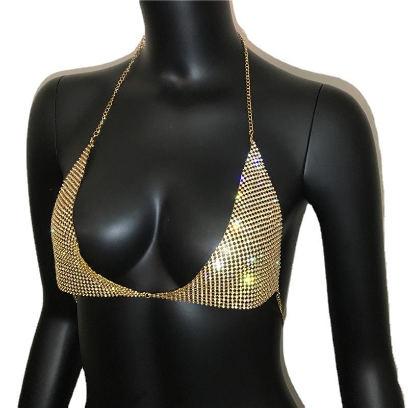 Chaîne de poitrine tendance entièrement pavée de strass et de diamants: Haut sexy à fines bretelles et dos nu pour femmes