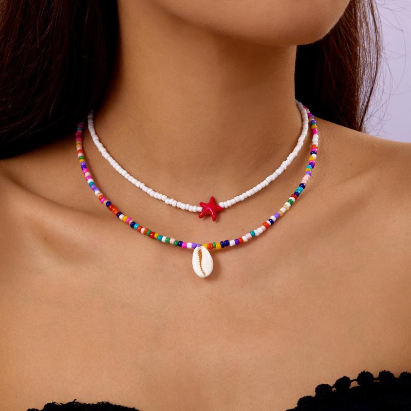 Bohemian Handmade Braided Beaded Seashell Starfish Pendant Clavicle Chain Necklace Women Beach Vacation Jewelry Accessories