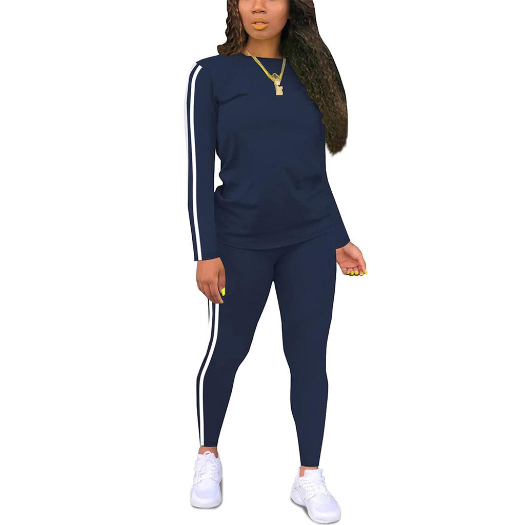 Women's Round Neck Long Sleeve Patchwork Top And Trousers Set With Side Patches Two-Piece Suit