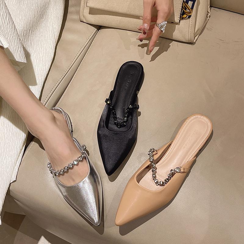 French temperament silver rhinestone bag head half slippers women's shoes wear 2025 new summer low heel half support single shoes
