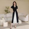 [Spot] Summer new women's French temperament short-sleeved V-neck splicing waist long holiday style dress