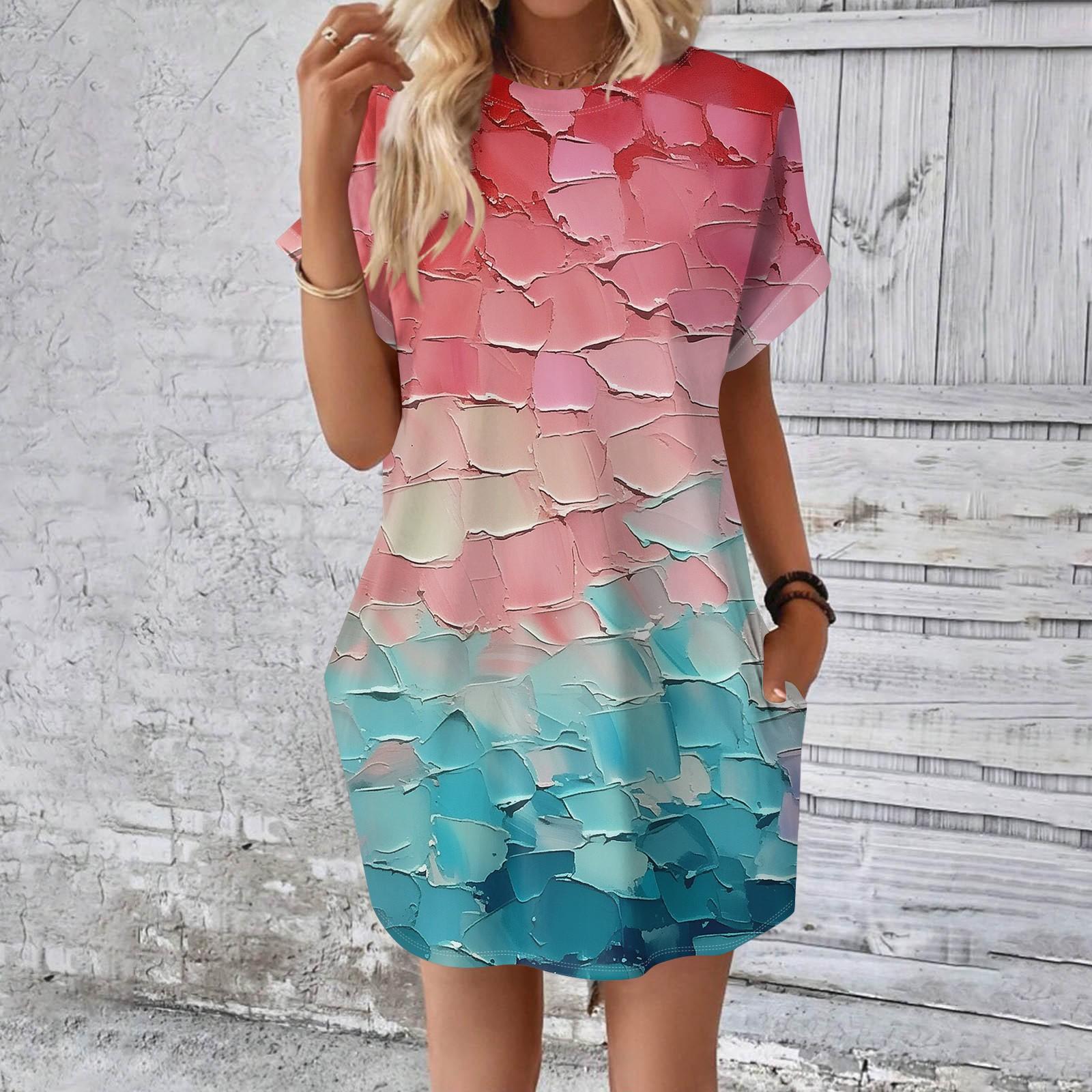 

Женское модное летнее свободное платье-футболка средней длины с принтом и короткими рукавами L