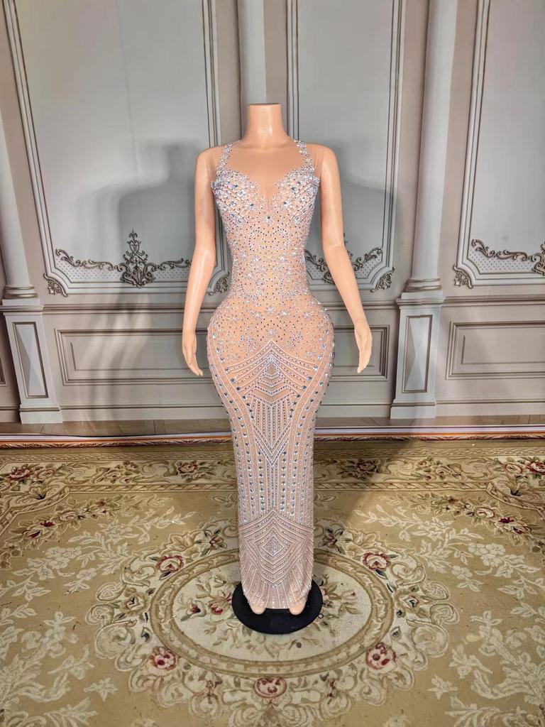 2026 European & American Women's Mesh See-Through Hot Drilling Long Evening Party Dress