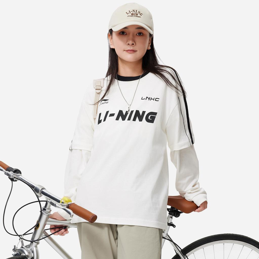 Li-Ning Retro American Logo Stripe Print Round Neck Loose Comfort Casual Short Sleeve Drop Shoulder T-Shirt Unisex Tops Off-White AHSU657-1