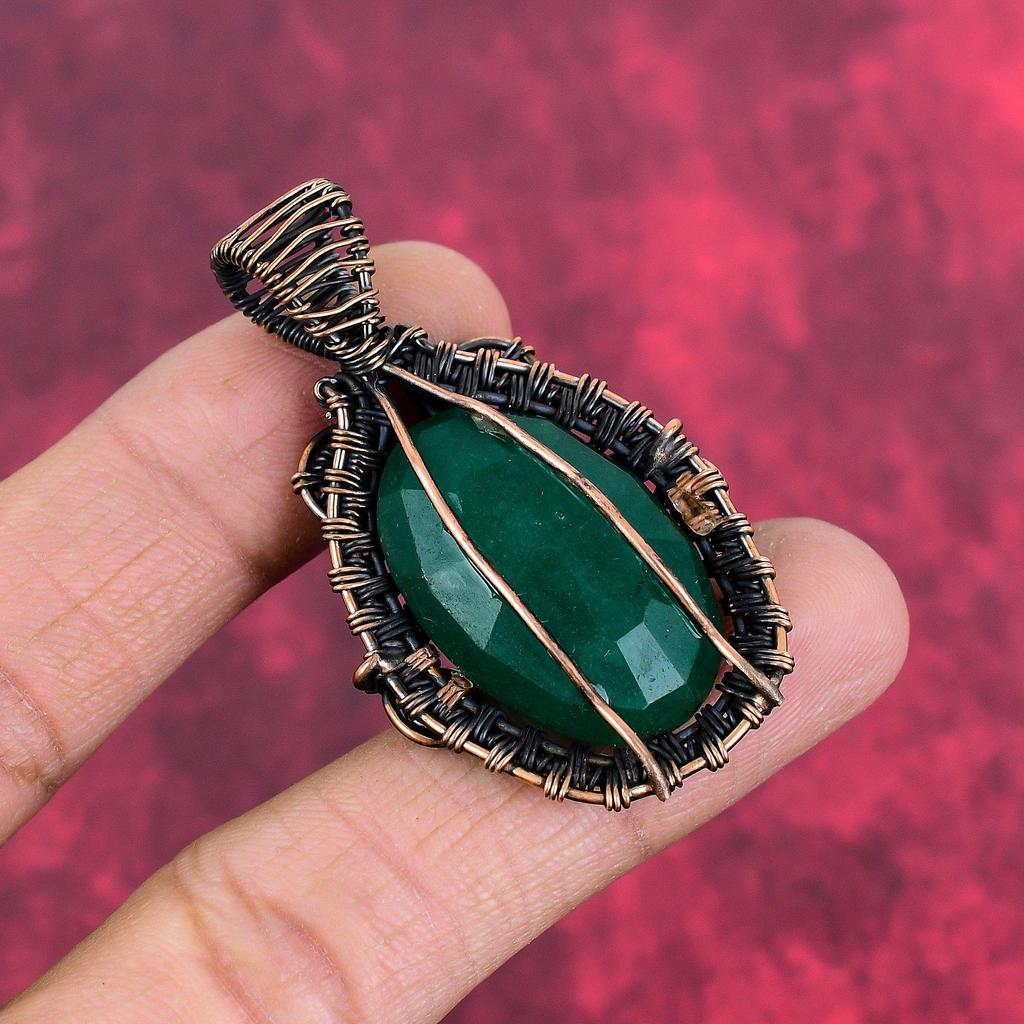 Faceted zambian emerald pendant copper wire wrapped pendant gemstone handmade jewelry designer pendant gifts for friend wire weaving jewelry